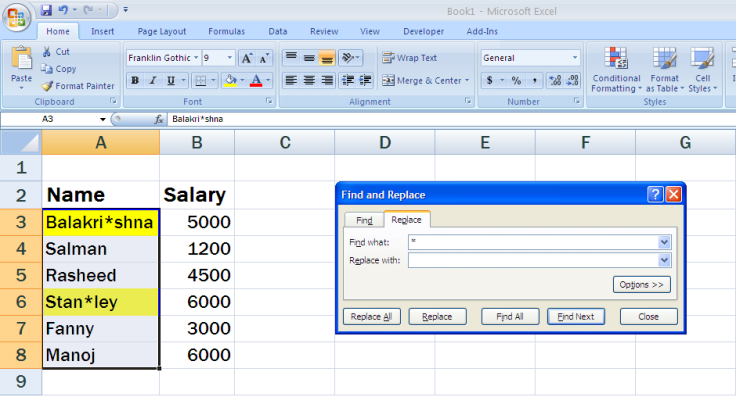 Find and Replace wildcard character in Excel 2007